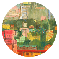 circular profile image of city and hills